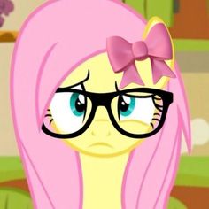 a pink haired girl with glasses and a bow on her head is staring at the camera