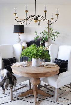 a dining room table with two chairs and a potted plant on top of it