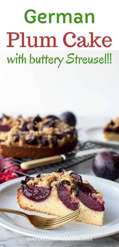 a piece of german plum cake on a plate with a fork in front of it