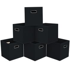 six black storage bins stacked on top of each other