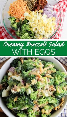 broccoli salad with eggs in a bowl on a checkered tablecloth and the title above it