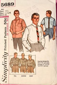 Vintage 1964 Simplicity 5689 sewing pattern men's proportioned shirt size 16 1/2". Cut no missing. With sleeves that can be cut from 32" to 36". Shirt can be proportioned for tall average or short.  This pattern comes from my personal collection. Excellent vintage condition.  Thank you for stopping in to look Mens Shirt, Vintage 60s, Sewing Pattern, To Look, Size 16, Sewing Patterns, Print Patterns, Bathing Beauties, Mens Shirts