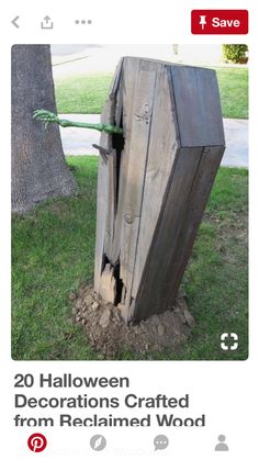 an old wooden door is in the ground next to a tree