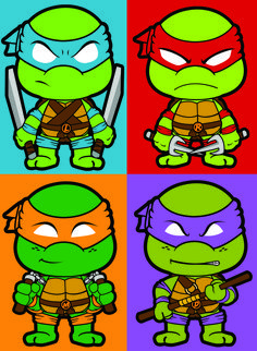 four different colored ninja turtles with swords in their hands