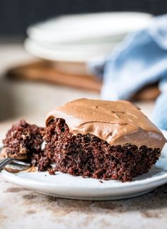 a piece of chocolate cake on a white plate with a fork in front of it