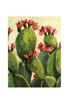 a painting of a green cactus with red flowers on it's head and back