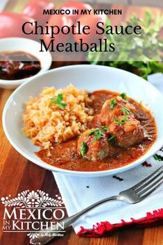 mexican style chipotle sauce meatballs in a white bowl on a wooden table