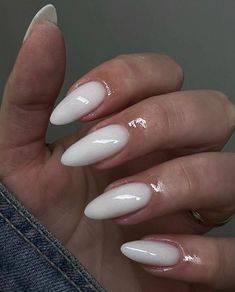 Light Orange Nails Almond, Round Nails Medium Length, White Nails Acrylic Almond, Almond Milky White Nails, Milky Almond Nails, White Almond Nail Designs, Sabrina Nails, Milky White Almond Nails, Almond Nails White