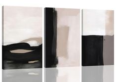 three black and white abstract paintings on canvases, each with different color shapes in the background