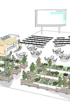 an artist's rendering of a garden area with tables and chairs in front of a projector screen