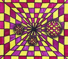 two balls are shown in the middle of a colorful pattern with red, yellow and purple squares