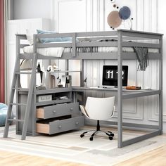 a loft bed with a desk underneath it and drawers under the bottom bunk, along with an office chair