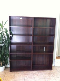 a large bookcase sitting next to a potted plant