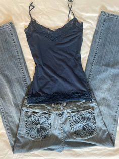 Original post, 😊 outfit inspiration 🌷   #clothes #outfitinspo #summer #summeroutfit #tanktops #summertanktops #inspiration #jeans #embroidery Blue Outfits Summer, Cute Top And Jeans Outfit, Outfits Inspiration Summer, Y2k Style Summer Tank Top, Tank Top Outfit, Fitted Y2k Style Tank Top, 2000s Fashion Tank Tops, Jean Embroidery, Layered Tank Top Outfits 2000s