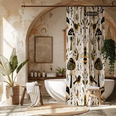 a bath room with a tub and a shower curtain next to a plant in a pot