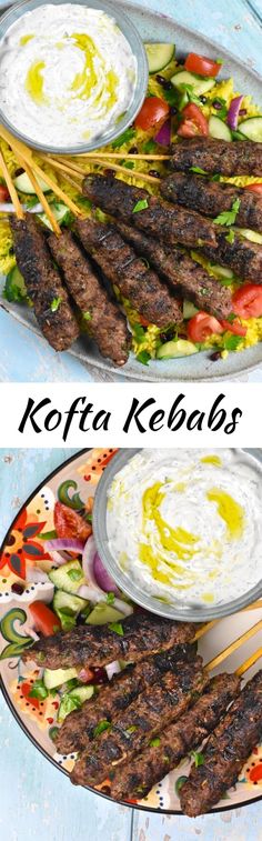 kebabs on skewers with dip and vegetables