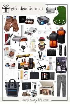 the gift ideas for men poster is shown in white and has various items on it