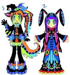 two paper dolls are dressed up in colorful clothing and hats, one is wearing a cat costume