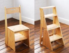 two wooden step stools sitting on top of a hard wood floor next to each other