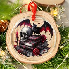 Skull Bat on Spell Books Glass Ornament Gothic Christmas Tree Ornament-MoonChildWorld Wiccan Christmas, Witch Ornaments, Gothic Christmas Tree, Pagan Tree, Yule Ornaments, Pagan Christmas, Yule Tree, Gothic Christmas, Spell Books