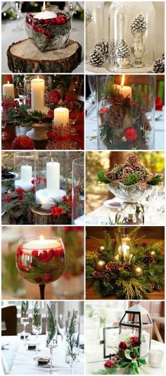 christmas table settings with candles and decorations