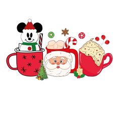 mickey mouse, santa claus and snowman in christmas mugs with candy canes