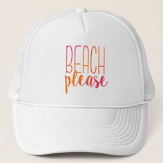 This funny trucker hat features the phrase "Beach Please" in a pink and orange ombre. Perfect for anyone that loves the beach! White Baseball Cap For Beach Season, White Letter Print Trucker Hat For Vacation, White Trucker Hat With Letter Print For Vacation, Pink Summer Trucker Hat For Beach Season, White Letter Print Hat For The Beach, Fun White Trucker Hat For Beach Season, Beach Snapback Hat With Letter Print, Beach Snapback Cap With Letter Print, One Size Letter Print Snapback Hat For The Beach