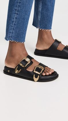 ANINE BING Waylon Slides | Shopbop Anine Bing Sandals, Formal Leather Sandals With Gold Buckle, Luxury Leather Sandals With Gold Buckle, Designer Leather Sandals With Gold Buckle, Classic Leather Sandals With Gold Buckle, Luxury Sandals With Round Toe And Tang Buckle, Slider Sandals, Slides Women, Sophisticated Dress