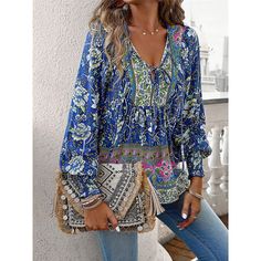 Season:Summer; Fabric:Polyester; Sleeve Length:Long Sleeve; Look After Me:Wet and Dry Cleaning,Washable,Machine wash; Gender:Women's; Style:Boho,Casual; Elasticity:Micro-elastic; Tops Type:Shirt,Blouse; Occasion:Vacation,Beach; Top Length:Regular; Fit Type:Regular Fit; Pattern:Floral; Design:Print,Lace up; Neckline:V Neck; Front page:FF; Listing Date:04/24/2024; Production mode:External procurement; Bust:; Length:; Sleeve:; Fit US Size:; Fit UK Size:; Fit EU Size: Women Shirts Blouse Casual, Summer Beach Vacation, Beach Casual, Pink Summer, Vacation Beach, Women Shirts Blouse, Boho Casual, Blouse Shirt, Summer Clothes