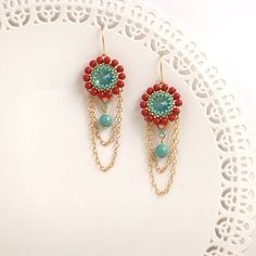 turquoise and coral earrings turquoise pearl by LioraBJewelry Elegant Festive Earrings With Beaded Chain, Round Beaded Chain Earrings Gift, Round Beaded Chain Earrings For Gift, Swarovski Chandelier, Turquoise Pearl Earrings, Long Turquoise Earrings, Turquoise Statement Earrings, Colorful Chandelier, Earring Long