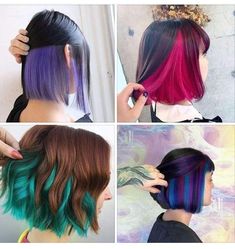 Bright Hair Colors For Brunettes, Under Layer Dyed Hair Short, Two Toned Hair Underneath Short, Peekaboo Hair Color On Short Hair, Undercolours Hair, Hair Color Underneath Short Hair, Two Hair Colors Split, Died Short Hair, Unusual Hair Colours