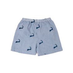 Blue and white striped seersucker shorts with navy embroidered Cape Cods. Elastic waist, back pocket. Spring Cotton Swim Trunks For Playwear, Cotton Swim Trunks For Summer Playwear, Summer Cotton Swim Trunks For Playwear, Spring Casual Cotton Swim Trunks, Playful Striped Shorts For Summer, Playful Striped Summer Shorts, Striped Cotton Swim Trunks For Spring, Spring Striped Cotton Swim Trunks, Playful Blue Cotton Pajama Shorts