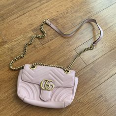 -Gucci Gg Marmont Small Matelass Shoulder Bag In Perfect Condition - Dusty Pink Matelass Chevron Leather With Heart - Comes With A Dust Bag And Cards From Gucci. Bought From A Gucci Store In Florence, Italy. - Small Size: 10"W X 6"H X 3"D - Currently Retails For $2550. Https://Www.Gucci.Com/Us/En/Pr/Women/Handbags/Shoulder-Bags-For-Women/Chain-Bags-For-Women/Gg-Marmont-Small-Matelasse-Shoulder-Bag-P-443497dtdit5729 Gg Marmont Small Matelassé Shoulder Bag, Gucci Store, Women Chain, Gucci Gg Marmont, Gg Marmont, Florence Italy, Chain Bags, Dusty Pink, Gucci Bag