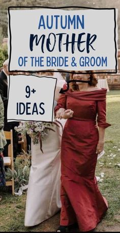 two women in red dresses are holding up a sign that says autumn mother of the bride and groom