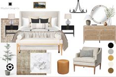 a bedroom design board with furniture and decor