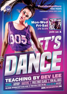 a flyer for a dance event with an image of a woman in purple and black