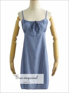 Women Blue Plaid Slit Adjustable Strap Checkered Mini Dress with Center front Drawstring Basic style Imperial Fashion, Table S, Style Preppy, Style Dresses, Above Knee, Synthetic Fiber, Blue Plaid, Preppy Style, Season Summer