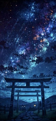 the night sky is filled with stars and clouds above a tori tori tori tori shrine