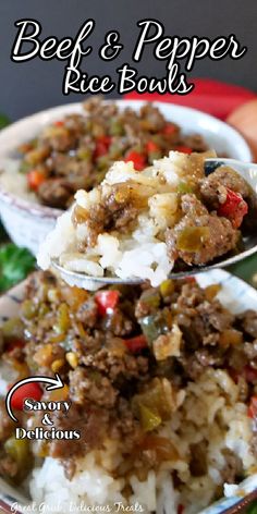 Two white bowls filled with white rice, topped with pepper steak and diced bell peppers. Pepper Rice, Delicious Rice, Rice Bowls Recipes, Beef Casserole Recipes, Green Peppers, Beef Casserole, Think Food, Beef Recipes Easy, Beef Recipes For Dinner