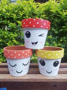 three potted plants with faces painted on them