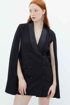 Style: Blazer DressFabric: SatinLength: MiniNeckline: CollaredSleeve Length: Long Sleeve Cape Blazer, Cape Style, Style Blazer, Character Outfits, Black Style, Blazer Dress, Quick Delivery, Formal Wear, Dress Collection