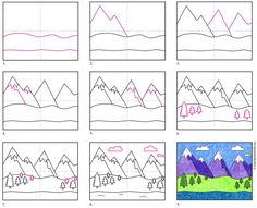 how to draw mountains with colored pencils in the style of graphing, step by step