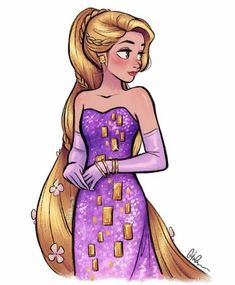 a drawing of rappui from tangled hair with long blonde hair and purple dress