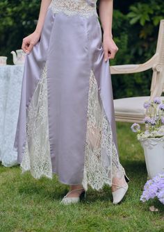 Lavender Satin Dress, Fashion Aesthetics, Modern Romance, Lace Patchwork, Satin Color, Handmade Bows, Effortless Chic, Satin Dress, Lace Design