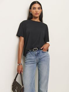 Shop the Liam Oversized Tee from Reformation, an oversized tee with a relaxed fit and crew neckline. Big Tee Shirt Outfits, Oversized Tee Outfit, Tee Shirt Outfit, Work Wear Outfits, Latest T Shirt, Vintage Inspired Dresses, Tee Outfit, Knit Tees, Clothing Essentials