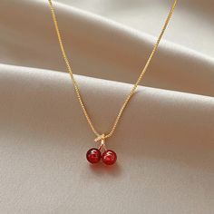 Wine Red Cherry Gold Pendant Necklace Cherry Necklace, Birthday Necklace Gift, Cherry Earrings, Opal Pendant Necklace, Retro Mode, Red Cherry, Party Earrings, Trendy Necklaces, Square Pendant