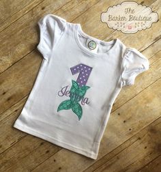 Mermaid Under The Sea Girl's Birthday Shirt by TheBarkerBoutique Embroidered Cotton Top For Birthday, Embroidered Crew Neck Birthday T-shirt, White Custom Embroidered Tops For Birthday, Custom Embroidered Crew Neck Top For Birthday, Custom Embroidery Crew Neck Top For Birthday, White Embroidered T-shirt For Birthday, Embroidered Crew Neck T-shirt For Birthday, Customizable Fitted T-shirt For First Birthday, Embroidered Crew Neck Top For Birthday