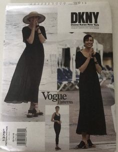 a woman in a black dress and hat on the cover of a sewing pattern for dkny