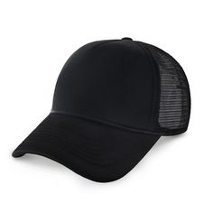 a black trucker hat with mesh on the front and back side, sitting against a white background