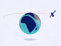 an airplane flying over the top of a blue and gray ball with a bird on it